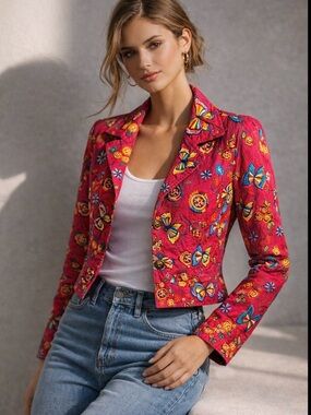 Johnny Was Pink Butterfly Floral Embroidered Jacket Boho Cropped Blazer, XS